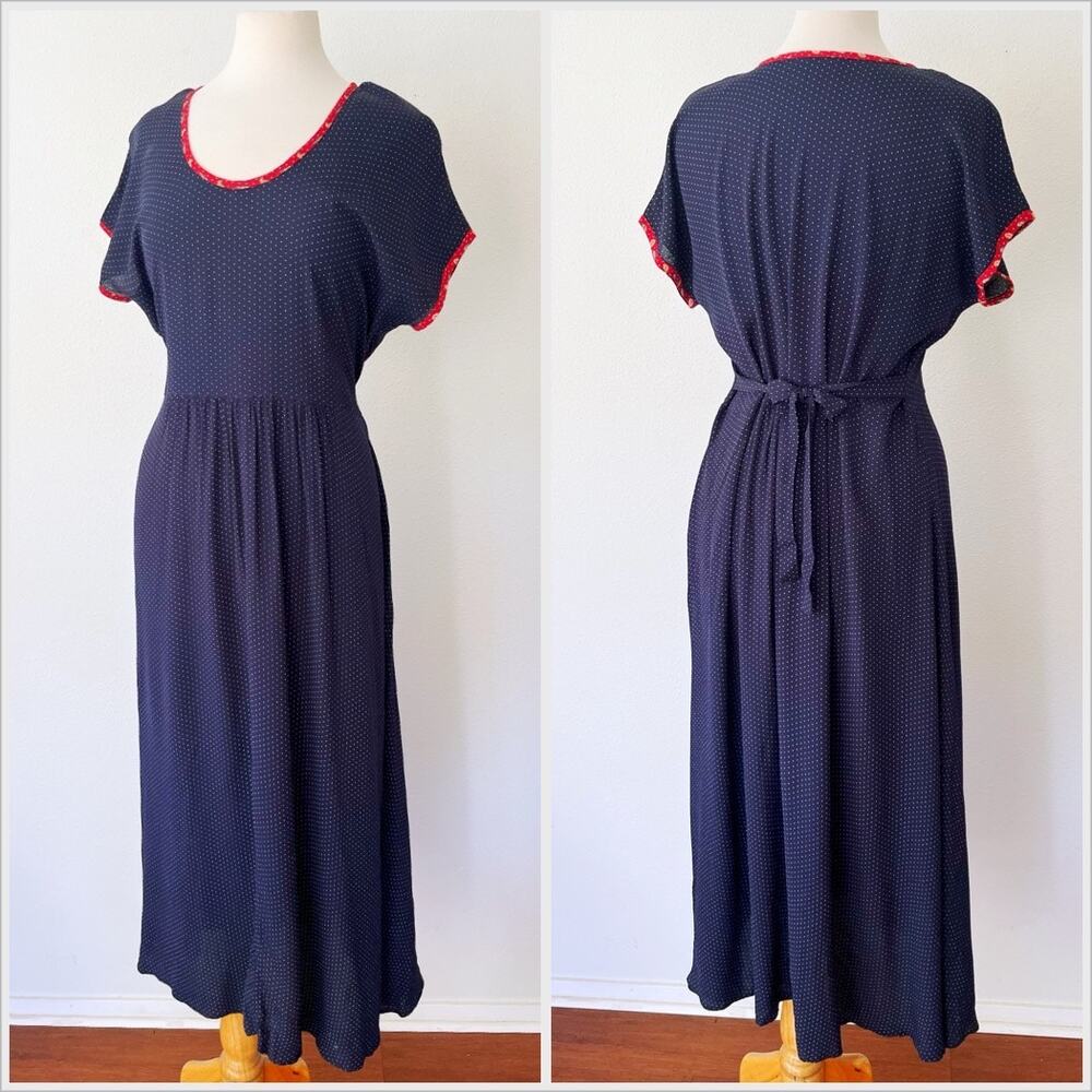 Vintage 90s‎ Polka Dot Midi Dress Teacher Cottagecore Navy Blue Red // Size XL